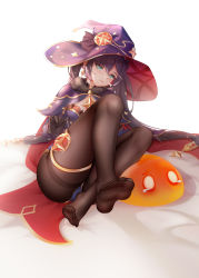 Rule 34 | 1girl, absurdres, bed sheet, black hair, cape, closed mouth, commentary, earrings, feet, full body, fur trim, genshin impact, green eyes, hair ornament, hat, highres, jewelry, leotard, lips, liu liaoliao, long hair, looking at viewer, mona (genshin impact), monster, pantyhose, simple background, sitting, slime, soles, tears, thigh strap, toes, twintails, witch hat