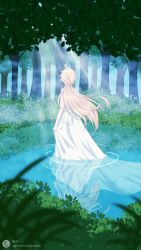 Rule 34 | 1boy, aether (genshin impact), ahoge, back, blonde hair, crossdressing, dress, floating hair, forest, genshin impact, highres, holding, holding clothes, holding dress, lake, leaf, light rays, lilylilili52488, long hair, male focus, nature, sitting on water, solo, wading, waves, white dress, wind