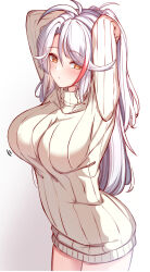 Rule 34 | 1girl, absurdres, arms behind head, arms up, azur lane, blush, breasts, closed mouth, commentary request, gradient background, grey background, hair between eyes, highres, large breasts, long hair, long sleeves, looking at viewer, motion lines, moyoron, multicolored hair, orange eyes, parted bangs, prinz eugen (azur lane), red hair, ribbed sweater, solo, streaked hair, sweater, turtleneck, turtleneck sweater, very long hair, white background, white hair, white sweater