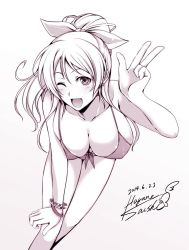 Rule 34 | 10s, 1girl, ayase eli, bikini, breasts, cleavage, hagane soushi, large breasts, long hair, love live!, love live! school idol project, monochrome, one eye closed, open mouth, ponytail, scrunchie, sketch, smile, solo, swimsuit, wink