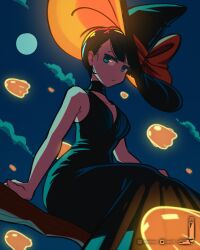 Rule 34 | 1girl, bare arms, bare shoulders, black dress, black hat, blue eyes, blue sky, bow, broom, broom riding, closed mouth, dress, full moon, ghost, hat, hat bow, highres, jitome, loen, looking at viewer, moon, night, night sky, original, outdoors, red bow, sidesaddle, sky, solo, two-sided fabric, two-sided headwear