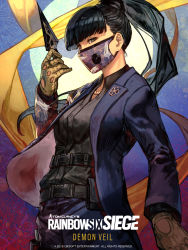 Rule 34 | 1girl, azami (rainbow six siege), belt, belt pouch, black hair, black shirt, blue jacket, blunt bangs, brown gloves, collared shirt, commentary request, copyright name, covered mouth, gloves, grey eyes, hair pulled back, high ponytail, highres, holding, holding knife, holster, holstered, hungry clicker, jacket, jewelry, knife, kunai, long hair, looking at viewer, mask, mouth mask, multiple belts, necklace, open clothes, open jacket, partially unbuttoned, pin, pouch, rainbow six siege, shirt, solo, thigh holster, weapon