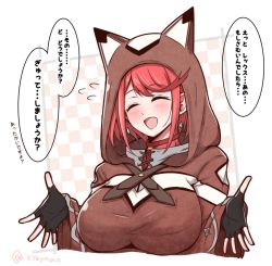 Rule 34 | 1girl, animal ears, animal hood, asking for a hug, black gloves, blush, breasts, cat ears, closed eyes, earrings, fingerless gloves, gem, gloves, headpiece, hood, hug invitation, jewelry, large breasts, mochimochi (xseynao), nintendo, pyra (xenoblade), red eyes, red hair, short hair, simple background, smile, solo, swept bangs, xenoblade chronicles (series), xenoblade chronicles 2