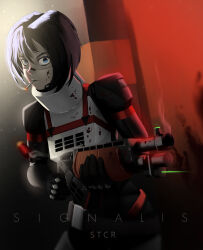 Rule 34 | 1girl, absurdres, android, backlighting, black gloves, black hair, blood, blood on clothes, blood on face, blue eyes, casing ejection, cigarette, ein-12 flechette, gloves, gun, highres, ivantsg, laser sight, science fiction, shell casing, short hair, shotgun, signalis, smoke, smoking, smoking barrel, solo, storch (signalis), weapon