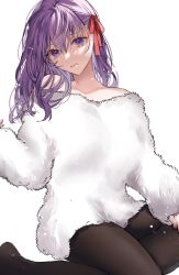 Rule 34 | 1girl, bare shoulders, black pantyhose, breasts, copyright request, fate/stay night, fate (series), feet out of frame, fur sweater, hair between eyes, hair ribbon, head tilt, highres, light smile, long hair, looking at viewer, matou sakura, medium breasts, off-shoulder shirt, off shoulder, pantyhose, purple eyes, purple hair, ribbon, shimatori (sanyyyy), shirt, simple background, sitting, solo, white background