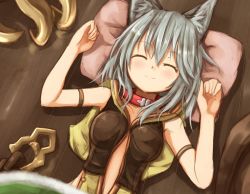 Rule 34 | 10s, 1girl, ^ ^, animal ears, baram, blush, breasts, cape, closed eyes, closed mouth, collar, erune, granblue fantasy, long hair, lying, on back, pillow, sen (granblue fantasy), silver hair, sleeping, sleeveless, small breasts, smile, solo, upper body
