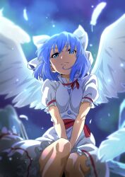 Rule 34 | 1girl, blue eyes, blue hair, bow, buttons, closed mouth, dress, feathered wings, feathers, feet out of frame, frilled dress, frills, gyouza (mhea5724), hair bow, highres, looking at viewer, mai (touhou), short hair, short sleeves, smile, solo, touhou, touhou (pc-98), white bow, white dress, white wings, wings