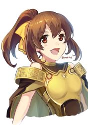 Rule 34 | 1girl, ane-suisei, armor, breastplate, brown eyes, brown hair, delthea (fire emblem), fang, fire emblem, fire emblem echoes: shadows of valentia, highres, long hair, nintendo, open mouth, ponytail, simple background, solo, twitter username, upper body, white background