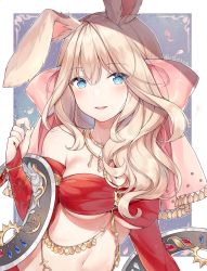 Rule 34 | 1girl, animal ears, ayuanlv, bandeau, bare shoulders, blonde hair, blue eyes, blush, bow, breasts, bridal gauntlets, chakram, cleavage, dancer (fft), dancer (final fantasy), final fantasy, final fantasy xiv, hair between eyes, hair bow, hand up, highres, jewelry, long hair, looking at viewer, medium breasts, midriff, mole, mole under eye, navel, neck ring, necklace, parted lips, pink bow, rabbit ears, smile, solo, stomach, upper body, viera, wavy hair, weapon