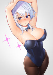 Rule 34 | 1girl, armpits, arms up, bare arms, bare shoulders, blue eyes, blue leotard, bow, bowtie, breasts, brown pantyhose, bunny day, cleavage, covered navel, cowboy shot, detached collar, grey background, groin, highleg, highleg leotard, kibanda gohan, large breasts, leotard, looking at viewer, original, pantyhose, playboy bunny, short hair, simple background, solo, standing, strapless, strapless leotard, white hair