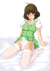 Rule 34 | 00s, 0byte, akizuki ryo, androgynous, arm support, bed, blush, brown hair, bulge, censored, crossdressing, dress, erection, erection under clothes, gender request, idolmaster, idolmaster dearly stars, mosaic censoring, open mouth, panties, penis, red eyes, short hair, side-tie panties, simple background, sitting, solo, sweat, testicles, thighhighs, trap, underwear, white panties, white thighhighs