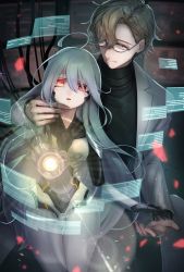 Rule 34 | 1boy, 1girl, ahoge, aiming, aiming at viewer, android, aqua hair, mismatched irises, black shirt, brown hair, cable, glasses, hair between eyes, hair over one eye, hand on another&#039;s chin, highres, holographic monitor, joints, lab coat, long hair, looking at viewer, original, palm blast, red eyes, reticule, robot joints, scientist, shirt, user wyxu4588