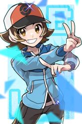 Rule 34 | 1boy, belt buckle, blue jacket, brown eyes, brown hair, buckle, commentary request, cowboy shot, creatures (company), fu (tk1189227dhy), game freak, grey pants, grin, hat, hilbert (pokemon), index finger raised, jacket, long sleeves, looking at viewer, male focus, nintendo, pants, poke ball print, pokemon, pokemon bw, red hat, short hair, smile, solo, sparkle, v