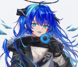 Rule 34 | 1girl, :d, ahoge, arknights, black gloves, black jacket, blue eyes, blue hair, commentary, doughnut, female focus, food, gloves, grey background, grey shirt, halo, hand up, highres, holding, holding food, horns, jacket, long hair, long sleeves, looking at viewer, mostima (arknights), open mouth, revision, shirt, simple background, smile, solo, spacelongcat, upper body