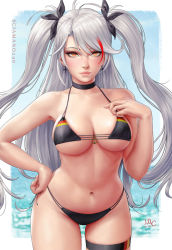 Rule 34 | 1girl, anchor, antenna hair, armpits, artist name, azur lane, bare arms, bare shoulders, bikini, black choker, black ribbon, blue sky, blurry, blurry background, blush, border, breasts, bright pupils, choker, cleavage, closed mouth, collarbone, commentary, cowboy shot, cross, cross earrings, dated, earrings, english commentary, flag print, german flag bikini, grey hair, groin, hair ribbon, hand on own chest, hand on own hip, hand up, highres, italian commentary, jewelry, large breasts, lips, long hair, looking at viewer, mole, mole on breast, multicolored hair, navel, ocean, orange eyes, outside border, pink lips, prinz eugen (azur lane), prinz eugen (unfading smile) (azur lane), red hair, ribbon, sciamano240, side-tie bikini bottom, signature, skin tight, sky, smile, solo, stomach, straight hair, streaked hair, string bikini, swept bangs, swimsuit, thigh strap, thighs, two side up, underboob, very long hair, water, white border