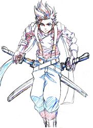 Rule 34 | 00s, 1boy, belt, colored pencil (medium), dual wielding, holding, lloyd irving, male focus, mct-no04, partially colored, scabbard, sheath, simple background, solo, suspenders, sword, tales of (series), tales of symphonia, traditional media, weapon, white background