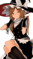 Rule 34 | 1girl, alternate eye color, alternate hair color, alternate hairstyle, apron, arm garter, black gloves, black hat, black skirt, black socks, black vest, blouse, bow, brown hair, buttons, closed mouth, commentary request, feet out of frame, fingerless gloves, frilled apron, frilled hat, frilled skirt, frilled sleeves, frills, gloves, green eyes, hair ribbon, half-closed eyes, hands up, hat, hat bow, highres, holding, holding hair, kirisame marisa, kneehighs, legs together, long hair, looking at viewer, nail polish, necro (nekurodayo), parted bangs, puffy short sleeves, puffy sleeves, red hat, red neckwear, ribbon, sash, shirt, short sleeves, simple background, skirt, skirt set, slit pupils, smirk, socks, solo, touhou, turtleneck, two-sided fabric, vest, waist apron, white apron, white background, white bow, white nails, white sash, white shirt, witch hat