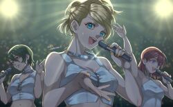 Rule 34 | 3girls, amenoimo, arm up, blonde hair, blue eyes, breasts, collarbone, highres, holding, holding microphone, lisa silverman, looking at viewer, medium breasts, microphone, multiple girls, nail polish, navel, open mouth, persona, persona 2, short hair, smile, sweat, zipper pull tab