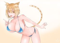 Rule 34 | 1girl, animal ears, bikini, blonde hair, breasts, cat ears, cat tail, cleavage, highres, large breasts, lun7732, navel, original, short hair, simple background, solo, swimsuit, tail, yellow eyes