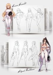 Rule 34 | 2girls, black hair, blonde hair, bradamante (destiny child), breasts, destiny child, fencing, fencing suit, helmet, highres, holding, holding helmet, holding weapon, kneehighs, large breasts, long hair, looking at viewer, maupin (destiny child), multiple girls, ponytail, sketch, skin tight, socks, standing, sweat, undressing, weapon