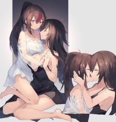 Rule 34 | 2girls, black dress, breasts, brown hair, commission, detached sleeves, dress, ear piercing, closed eyes, hair ornament, hairclip, hands on another&#039;s head, kiss, large breasts, long hair, multicolored hair, multiple girls, one eye closed, original, piercing, ponytail, red hair, sasa onigiri, sitting, skeb commission, sleeveless, sleeveless dress, spaghetti strap, streaked hair, tongue, tongue out, wariza, white dress, yuri