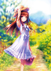 Rule 34 | 1girl, absurdres, arm up, armpits, bow, bowtie, brown eyes, brown hair, day, dress, from side, goto p, hat, highres, holding, long hair, looking at viewer, matching hair/eyes, original, outdoors, sky, solo, sundress, white bow, white dress