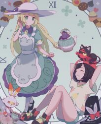 Rule 34 | 2girls, 343rone, apron, bare legs, black footwear, black hair, blonde hair, blunt bangs, blush stickers, closed eyes, closed mouth, commentary request, creatures (company), dress, eyelashes, game freak, gen 7 pokemon, gen 8 pokemon, green dress, green eyes, green shorts, grin, hand up, hat, hat ribbon, highres, knees, lillie (pokemon), lillie (special costume) (pokemon), litten, long hair, multiple girls, nintendo, on head, pantyhose, pokemon, pokemon (creature), pokemon masters ex, pokemon on head, pokemon sm, polteageist, purple ribbon, ribbon, scorbunny, selene (pokemon), shirt, shoes, short sleeves, shorts, smile, sun hat, teeth, top hat, undershirt, unworn hat, unworn headwear, white headwear, white pantyhose, yellow shirt