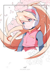 Rule 34 | 1girl, blonde hair, blue eyes, breasts, character name, ciel (mega man), commentary, copyright name, cropped torso, floral background, flower, hair between eyes, headgear, helmet, high ponytail, highres, long hair, mega man (series), mega man zero (series), ponytail, seto (asils), small breasts, smile, solo, white background