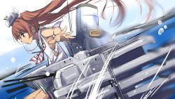 Rule 34 | 10s, 1girl, brown hair, dark-skinned female, dark skin, hat, heavens thunder (byakuya-part2), highres, inflatable raft, kantai collection, libeccio (kancolle), long hair, looking away, machinery, red eyes, solo, turret, twintails