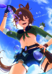 Rule 34 | 1girl, absurdres, agnes tachyon (lunatic lab) (umamusume), agnes tachyon (umamusume), ahoge, animal ears, belt, belt pouch, bikini, black bikini, blue shorts, breast pocket, breasts, brown eyes, brown hair, canister, cleavage, cloud, cloudy sky, commentary request, cowboy shot, criss-cross halter, daikon, ear ornament, flask, from below, green jacket, groin, hair between eyes, halterneck, hand around wrist, highres, horse ears, horse girl, horse tail, jacket, kii-kun (agnes tachyon) (umamusume), leather wrist straps, long sleeves, medium hair, micro shorts, midriff, motion lines, navel, ocean, official alternate costume, official alternate hairstyle, open clothes, open fly, open mouth, open shorts, outdoors, pocket, pouch, pulling, radish, round-bottom flask, short ponytail, shorts, sky, solo, splashing, sweatdrop, swimsuit, tail, thigh strap, tied jacket, torn clothes, torn shorts, umamusume, wading, wet, wrist straps, yogoto (yo go t)