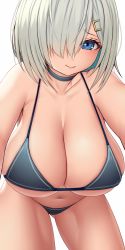 Rule 34 | 1girl, asamura hiori, bikini, blue eyes, breasts, choker, cleavage, cowboy shot, gluteal fold, grey hair, hair ornament, hair over one eye, hairclip, hamakaze (kancolle), highres, huge breasts, kantai collection, looking at viewer, short hair, smile, solo, swimsuit