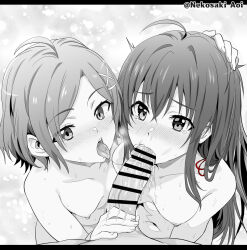 Rule 34 | 1boy, 2girls, ahoge, bar censor, blush, breasts, censored, collarbone, commission, completely nude, cooperative fellatio, cum, cum in mouth, fellatio, ffm threesome, from above, group sex, hair ornament, hair ribbon, head grab, hetero, highres, hikigaya komachi, irrumatio, long hair, looking at viewer, multiple girls, navel, nekosaki, nipples, nude, open mouth, oral, partially colored, penis, penis grab, pixiv commission, pov, pov crotch, red ribbon, ribbon, short hair, small breasts, tearing up, threesome, tongue, tongue out, twitter username, x hair ornament, yahari ore no seishun lovecome wa machigatteiru., yukinoshita yukino