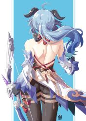 Rule 34 | 1girl, ass, automatic giraffe, bare shoulders, black pantyhose, blue hair, bodysuit, bow (weapon), detached sleeves, from behind, ganyu (genshin impact), genshin impact, gloves, goat horns, holding, holding bow (weapon), holding weapon, horns, leotard, long hair, pantyhose, shiny clothes, shiny skin, solo, very long hair, waist cape, weapon