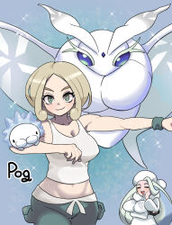 Rule 34 | 1girl, 2girls, arm under breasts, bare arms, bare shoulders, blonde hair, breasts, bug, capri pants, cleavage, closed eyes, creatures (company), curtained hair, earrings, frosmoth, fur collar, fur hat, game freak, gen 8 pokemon, gigobyte350, green eyes, green pants, green wristband, hat, head rest, insect, jewelry, large breasts, long hair, long sleeves, mature female, melony (pokemon), midriff, moth, multicolored hair, multiple girls, nintendo, pants, pearl earrings, pokemon, pokemon (creature), pokemon swsh, pokemon xy, scarf, shirt, sleeveless, sleeveless shirt, snom, solo, streaked hair, sweater, tank top, ushanka, viola (pokemon), white scarf, white sweater, white tank top, worm