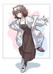 Rule 34 | 1girl, animal ears, arknights, blush, brown eyes, brown hair, brown overalls, choker, coat, fingerless gloves, full body, gloves, goggles, goggles on head, highres, holding, holding brush, looking at viewer, mabing, open clothes, open coat, otter ears, otter girl, otter tail, outstretched arms, overalls, roberta (arknights), shadow, shirt, short hair, smile, solo, spread arms, standing, tail, white background, white choker, white coat, white gloves, white shirt