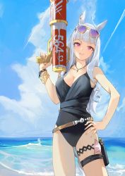 Rule 34 | 1girl, amano kokoko, animal ears, black one-piece swimsuit, blue sky, blunt bangs, bracelet, breasts, casual one-piece swimsuit, cleavage, collarbone, cowboy shot, day, eyewear on head, gold ship (run revolt launcher) (umamusume), gold ship (umamusume), grey hair, hand on own hip, highres, holding, holding water gun, holster, horse ears, horse girl, jewelry, large breasts, long hair, looking at viewer, necklace, ocean, one-piece swimsuit, outdoors, parted lips, purple-tinted eyewear, purple eyes, sky, smile, solo, sunglasses, swimsuit, thigh holster, thigh strap, tinted eyewear, trigger discipline, umamusume, v-shaped eyebrows, water, water gun, yellow-framed eyewear
