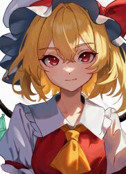 Rule 34 | 1girl, ascot, blonde hair, crystal wings, dress, flandre scarlet, hat, hat ribbon, highres, mob cap, red dress, red ribbon, ribbon, side ponytail, simple background, smile, solo, touhou, upper body, user sjxt3358, white background, yellow ascot