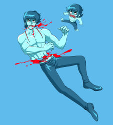 Rule 34 | 2boys, abs, absurdres, belly, blood, chibi, devilman, eyebrows, fangs, fudou akira, highres, leg (artist), multiple boys, open mouth, pants, red eyes, sharp teeth, topless male, shoes, short hair, sideburns, simple background, teeth