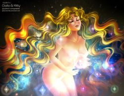 Rule 34 | 1girl, arched back, armpits, artist name, artistic nudity, ass, bishoujo senshi sailor moon, blonde hair, breasts, closed eyes, closed mouth, collarbone, completely nude, epic, expressionless, eyelashes, female focus, fingernails, galia &amp; kitty, hands in pockets, hands up, kgfantasy, large breasts, leaning forward, legs, legs together, light particles, light rays, lipstick, long fingernails, long hair, looking up, makeup, navel, neck, nude, outstretched arms, parted bangs, parted lips, planet, sailor galaxia, space, spread arms, thighs, thighs together, universe, unworn armor, unworn clothes, unworn headwear, very long hair, wavy hair