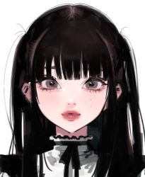 Rule 34 | 1girl, black hair, black ribbon, blunt bangs, brown eyes, close-up, eyebrows, eyelashes, frills, lips, long hair, looking at viewer, mole, mole on cheek, mole under eye, neck ribbon, nostrils, original, parted lips, pink lips, portrait, ribbon, simple background, solo, straight hair, tsurime, turtleneck, two side up, uomi (eqtjc), white background