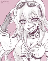 Rule 34 | 1girl, :d, antenna hair, barbed wire, bow, bowtie, breasts, choker, cleavage, danganronpa (series), danganronpa v3: killing harmony, fangs, fingerless gloves, gloves, goggles, goggles on head, hair between eyes, highres, iruma miu, large breasts, long sleeves, mochijam, o-ring, open mouth, pink background, sailor collar, shirt, simple background, smile, solo, teeth