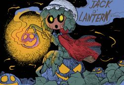 Rule 34 | 1girl, :o, black background, cape, collared cape, colorized, from side, green hair, hat, ink (medium), inktober, jack-o&#039;-lantern, jack-o&#039;-lantern (rariatto), lantern, leaf, looking at viewer, looking to the side, mixed media, monster girl, open mouth, original, plant girl, pumpkin, rariatto (ganguri), red cape, sitting, smoke, solo, traditional media, twitter username