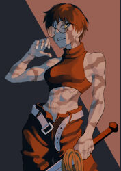 Rule 34 | 1girl, absurdres, belt, breasts, burn scar, dingotoad, glasses, green hair, high-waist pants, highres, holding, holding weapon, jujutsu kaisen, knees out of frame, looking at viewer, medium breasts, midriff, multiple scars, muscular, muscular female, open belt, pants, scar, scar on arm, scar on face, scars all over, short hair, simple background, solo, too many, weapon, yellow eyes, zen&#039;in maki