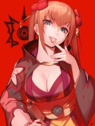 Rule 34 | 1girl, blue eyes, breasts, brown hair, cleavage, closed mouth, collarbone, hair between eyes, hair ornament, hairpin, hand on own hip, highres, large breasts, long hair, looking at viewer, red background, solo, tales of (series), tales of crestoria, tongue, tongue out, twintails, ubo (ubo tales), upper body, yuna azetta