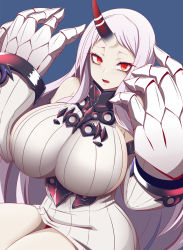 Rule 34 | 1girl, abyssal ship, breasts, gauntlets, gero zoukin, highres, horns, huge breasts, kantai collection, long hair, pale skin, red eyes, seaport princess, sideboob, single horn, solo, very long hair, white hair