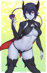 Rule 34 | 1girl, artist name, black footwear, black hair, black nails, blue skin, boots, breasts, bridal gauntlets, colored skin, commentary, cowboy shot, demon girl, demon tail, evelyn (unsomnus), grey skin, grin, groin, hair between eyes, horns, large breasts, legs apart, looking at viewer, nail polish, navel, original, parted lips, pointy ears, red eyes, short hair, smile, solo, stomach, tail, teeth, thigh boots, thighhighs, twitter username, underboob, unsomnus, v-shaped eyebrows