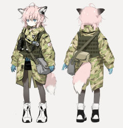 Rule 34 | 1girl, ahoge, alternate costume, animal ears, arknights, black footwear, black pantyhose, blue eyes, blue gloves, boots, brown hair, camouflage, camouflage jacket, facing away, fox ears, fox girl, fox tail, full body, gloves, green jacket, green vest, grey background, highres, infection monitor (arknights), jacket, looking at viewer, multiple views, pantyhose, sho (sho lwlw), short hair, short twintails, simple background, standing, sussurro (arknights), tail, twintails, two-tone footwear, vest, white footwear