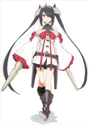 Rule 34 | 1girl, belt, black hair, black socks, hair over one eye, holding, holding sword, holding weapon, jewelry, kneehighs, looking at viewer, miruto netsuki, necklace, open mouth, original, red eyes, simple background, sleeves past wrists, socks, solo, sword, tiara, twintails, weapon, white background