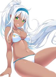 Rule 34 | 1girl, :d, bad id, bad twitter id, bikini, blush, breasts, dark-skinned female, dark skin, floating hair, green eyes, hairband, head tilt, highres, invisible chair, large breasts, leaning back, long hair, looking at viewer, navel, open mouth, original, sidelocks, simple background, sitting, smile, solo, suruga (xsurugax), swimsuit, transparent background, very long hair, white bikini, white hair