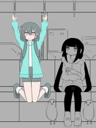Rule 34 | 2girls, animal, aqua jacket, artist request, backpack, bag, bird, black hair, black shorts, black thighhighs, boots, bow, cevio, cityscape, commentary request, crossover, expressionless, flower, hair bow, hair flower, hair ornament, hand grip, highres, holding, holding animal, holding hand grip, hood, hoodie, inabakumori, jacket, kurari-chan (iyowa), kyu-kurarin (cevio), lag train (vocaloid), looking at another, low twintails, monochrome background, multiple girls, nukunuku nigirimeshi (style), osage (nukunuku nigirimeshi), parody, pink eyes, shirt, shoes, shorts, sitting, smile, socks, style parody, thighhighs, train interior, twintails, vocaloid, white shirt